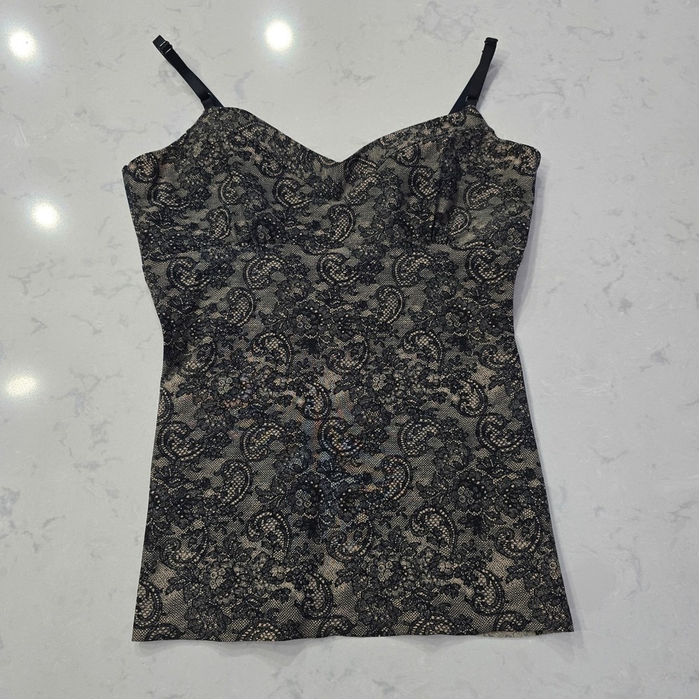 Y2K Vintage Glam Black Lace Flocked Paisley Camisole Tan | Large